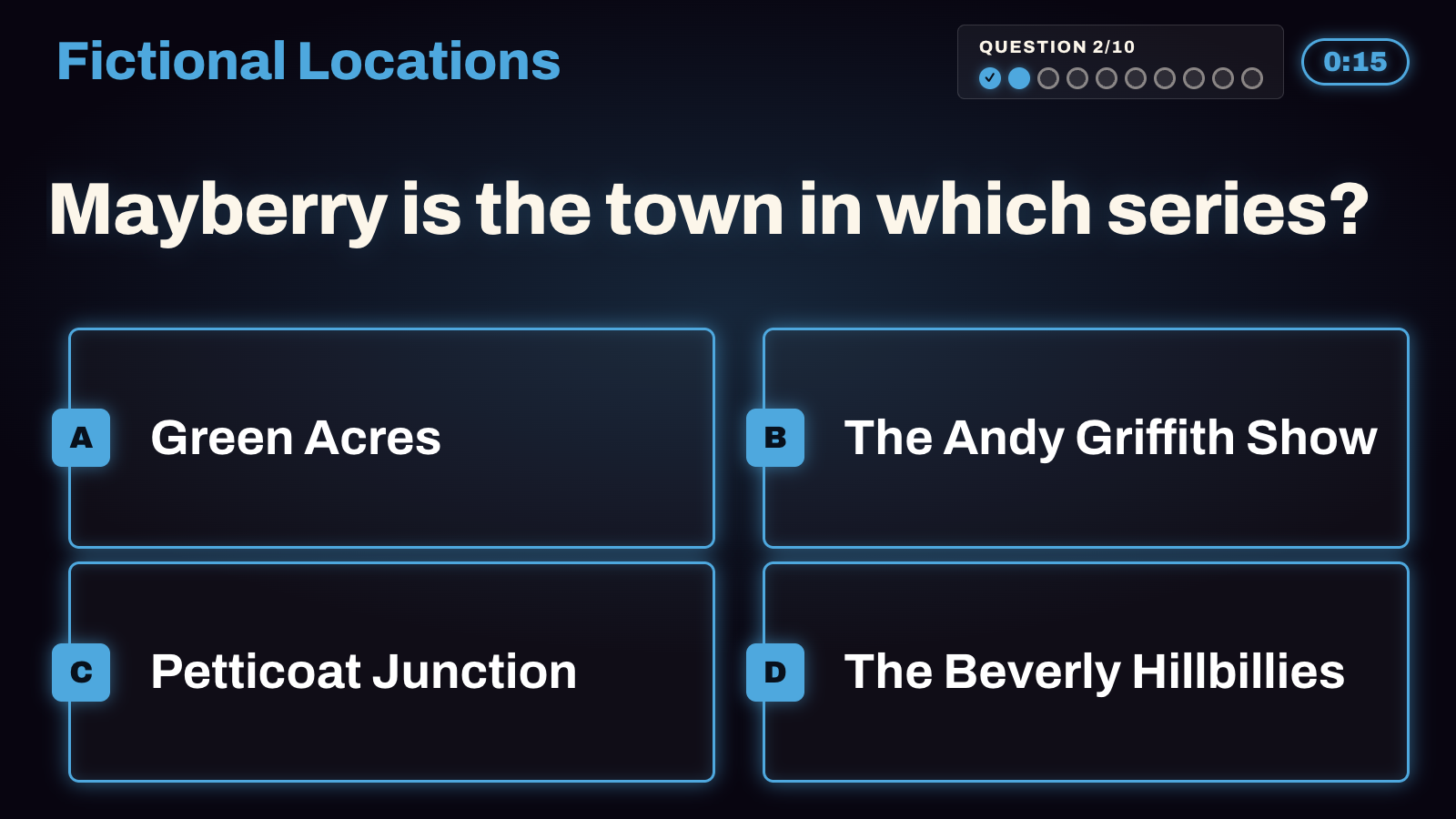 The Smarty Pints Trivia board on a TV, mid-question with four answer choices, a live timer and a join QR code.