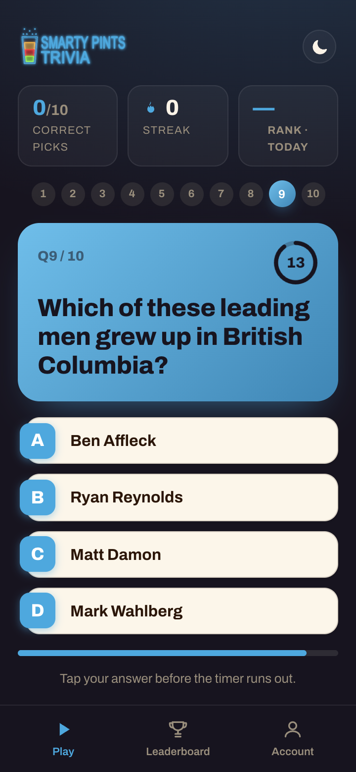 The Smarty Pints Trivia phone app showing the current question with four tappable answers and a countdown.